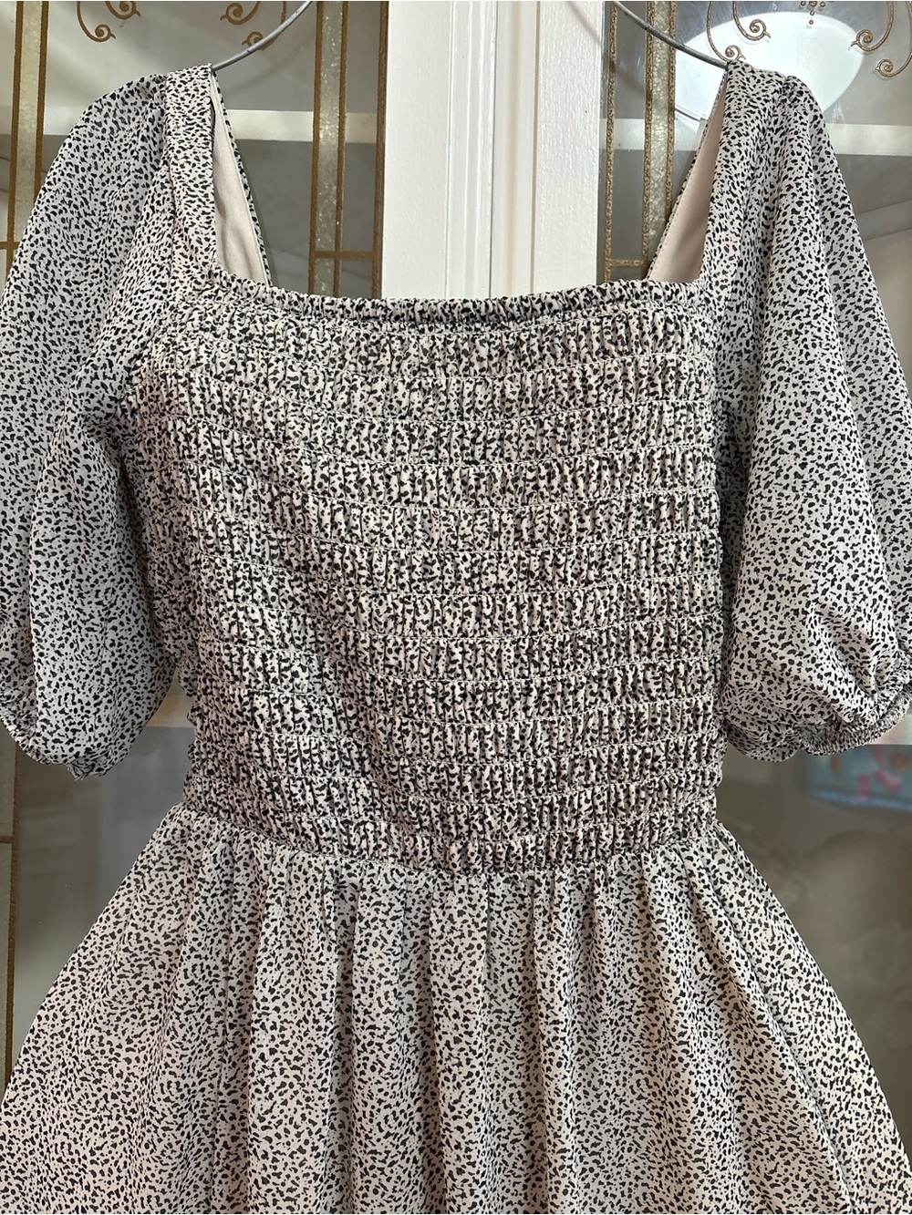 Sienna Sky Smocked Square-Neck Midi Dress in Light Taupe Print - Picture 4 of 7